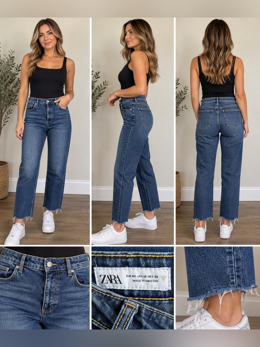 Zara High Rise Straight Leg Jeans Raw Hem Dark Wash Size 10